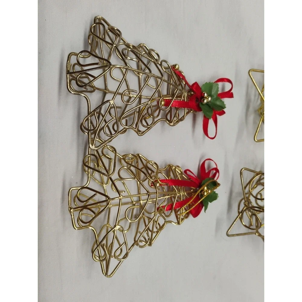 6pc Metal Tree & Star Christmas Ornaments Rustic Cottage‎ Vintage Gold Tone